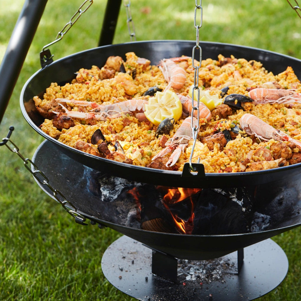 Paella with grilled prawns on the BBQ